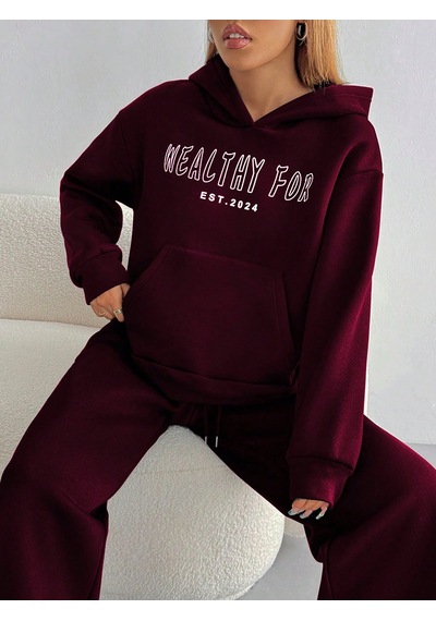 Macklin Unisex Kadın Erkek Healty For Baskılı Oversize 3 İplik Kapüşonlu Sweatshirt Ve Baggy Eşofman Altı Bordo