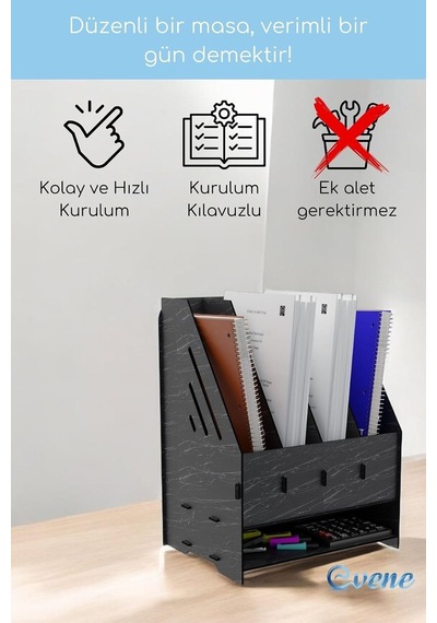 Tr Dosya Düzenleyici Masa Üstü Organizer Ahşap Evrak Rafı Siyah Mermer Renk Model 7, Eorganizer7 Genel