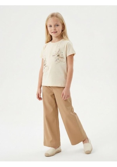 Zekids Kız Çocuk Bol Paça Modal Kumaş Tasarım Pantolon-17149 Bej