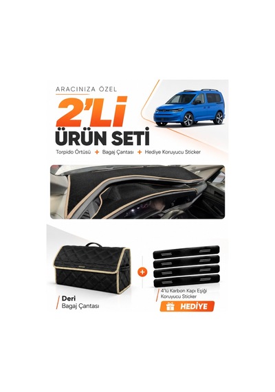 Volkswagen Caddy 2022-2026 Uyumlu Torpido Örtüsü + Deri Bagaj Çantası + Sticker Seti - Siyah Bej