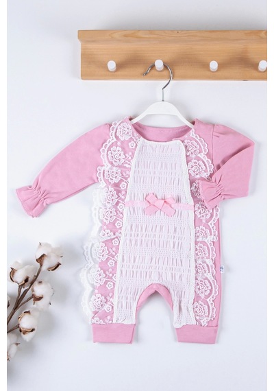 Babydonat Gofralı Fransız Güpürlü % 100 Pamuk Kız Bebek Tulumu Pembe