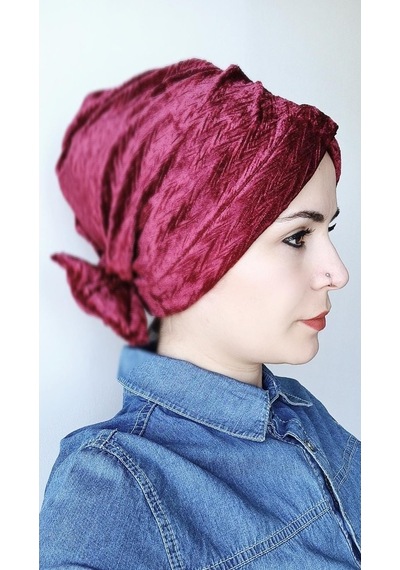 Kadın Tesettür Kadife Fiyonklu Bone Bordo