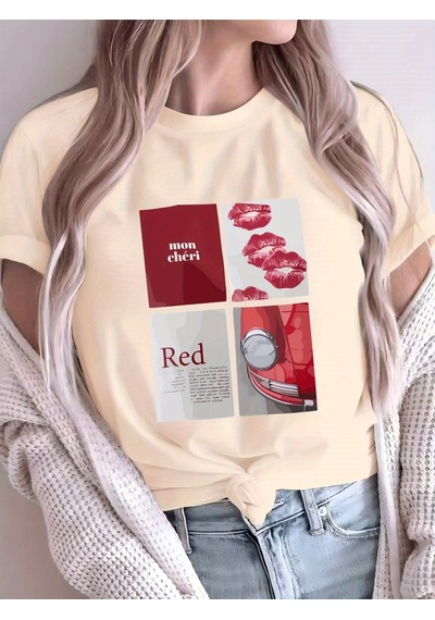 Uyguntarz Unisex Red Mon Cheri Baskılı Tasarım Tshirt Bej