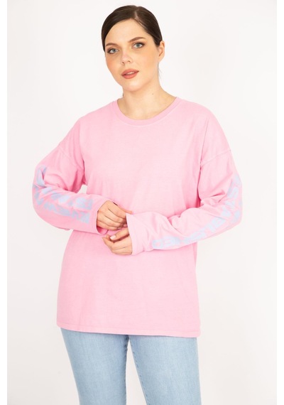 Şans Kadın Bej Büyük Beden Kol Baskılı Sweatshirt-pembe Pembe