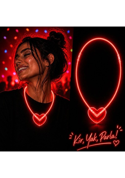 Neon Işıklı Fosforlu Kalp Parti Kolyesi Kırmızı Renk 2 Yaş Mavi