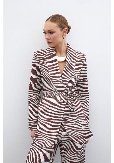 Sateen Kuşaklı Zebra Ceket - Kahve-135433 Kahve