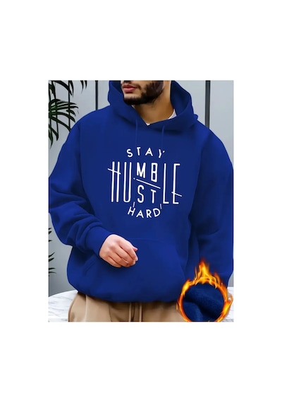 Herkesemoda Stay Hard Baskı Detaylı İçi Polarlı Kapüşonlu Sweatshirt Mavi