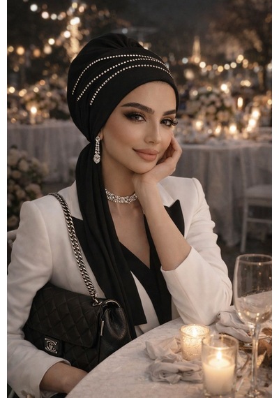 Aişe Tesettür Siyah Taşlı Atkılı Abiye Bone - 60101