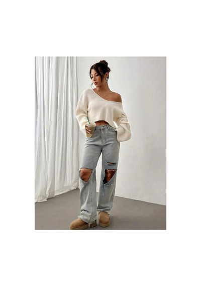 Samin Kadın Oversize V Yaka Triko Crop Kazak Krem - 660238741 Krem