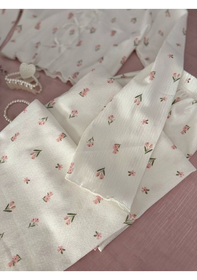 Mh Moony Homewears Özel Dokulu Tuberose Pijama Takımı Ekru