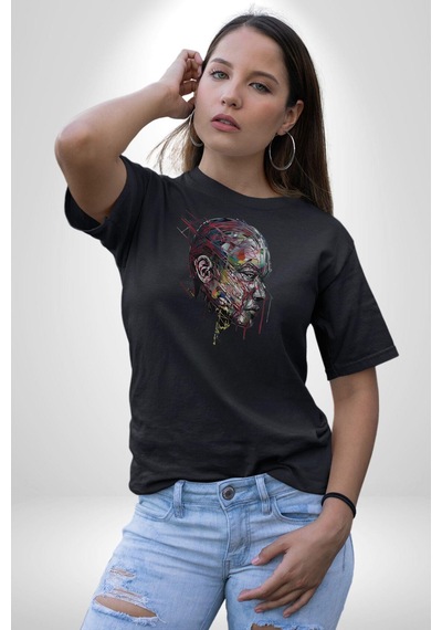 İnsan Kafası Sulu Boya Unisex Unisex Siyah Organik Baskılı T-shirt Penye Yüksek Kalite Siyah