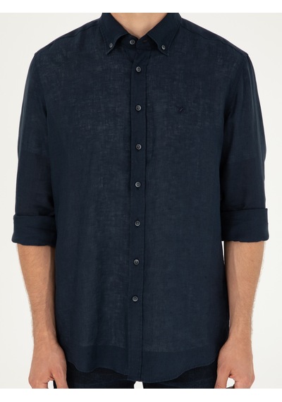 Cacharel Lacivert Regular Fit %100 Keten Gömlek