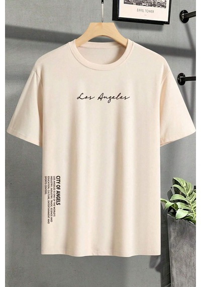 Uyguntarz Erkek Los Angles Baskılı Oversize Tshirt Bej