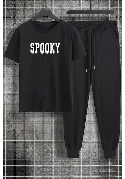 Uyguntarz Unisex Spooky Baskılı 2'li Eşofman Takımı Siyah