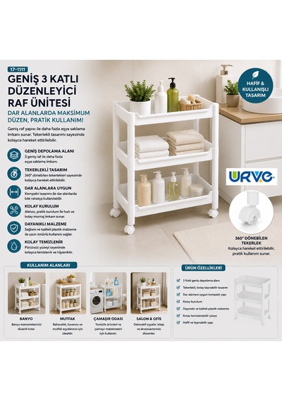 3 Katlı Tekerlekli Sepet Organizer Raf - 352x220x480 Mm Çok renkli