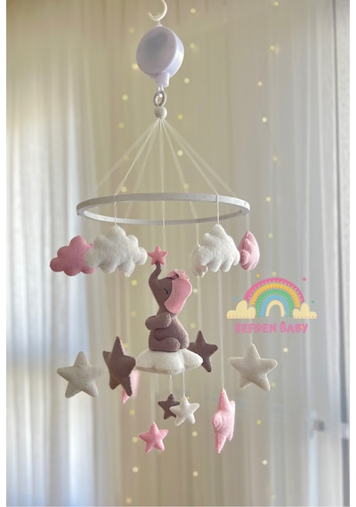 Pembe Gri Fil Figürlü Kız Bebek Beşik Dönencesi Müzikli Dönence