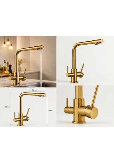 3 Yollu Musluk Su Arıtma Musluğu Gold Üç Yollu Çoklu Musluk Altın Rengi Mutfak Bataryası