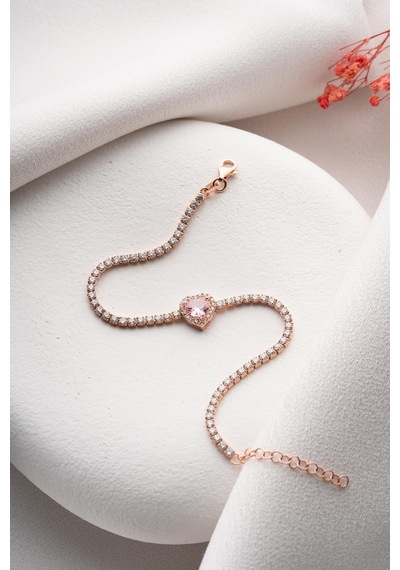 925 Ayar Gümüş Rose Kaplama Pembe Taşlı Kalp 2 Mm Zirkon Taşlı Suyolu Bileklik Rose