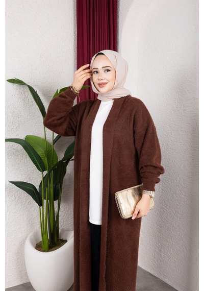 Hira Life Fashion Kadın Şal Yaka Uzun Triko Ve Sakallı Tüylü Hırka Kahverengi Kahverengi