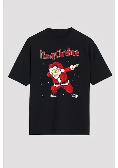 Veraura Lifestyle Yılbaşı Merry Christmas Noel Baba Baskılı Oversize Bisiklet Yaka T-shirt - Siyah