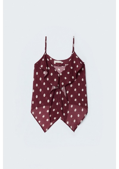 Sateen Puantiye Desenli Askılı Fırfırlı Bluz - Bordo-137634