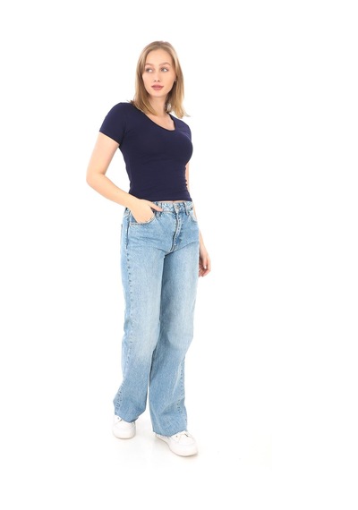 V Yaka Slim Fit Crop Tişört-lacivert Lacivert