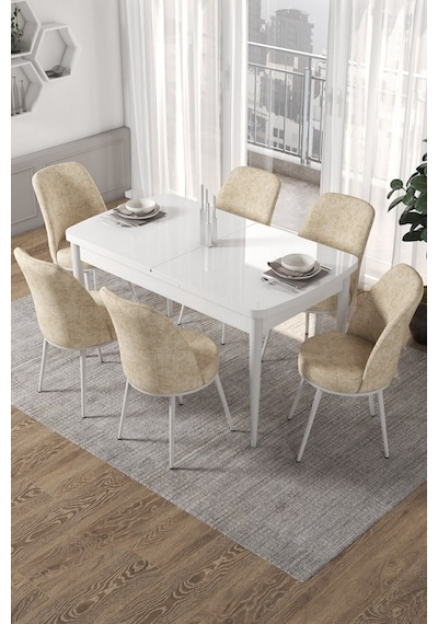 Canisa Kor Serisi, Beyaz Açılabilir 70x114 Yemek Masa Takımı 6 Krem Sandalye Masa Beyaz Sandalyeler Krem Canisa Kor Serisi, Beyaz Açılabilir 70x114 Yemek Masa Takımı 6 Krem Sandalye Masa Beyaz Sandalyeler Krem