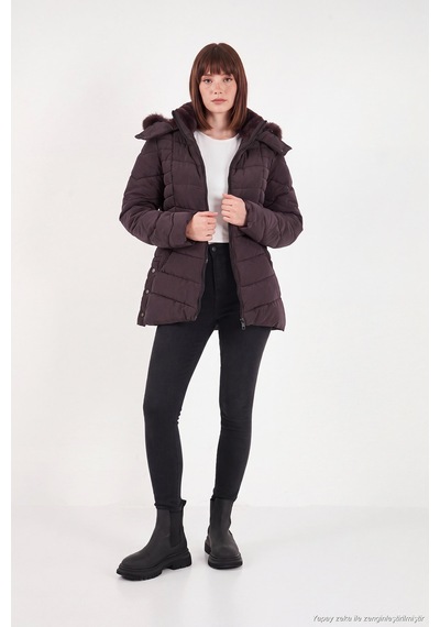 Lela Kapitoneli Slim Fit Çıkarılabilir Kapüşonlu Mont Kadın Mont 497mara Mürdüm