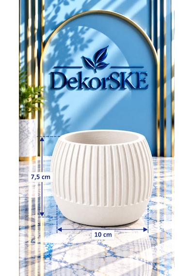Dekorske - Taş Tozu Çizgili Saksı, Sukulentlik Ve Mumluk - 7,5x10 Cm - El Yapımı Dekoratif Mini Saksı Ve Çok Amaçlı Ev Dekoru Beyaz