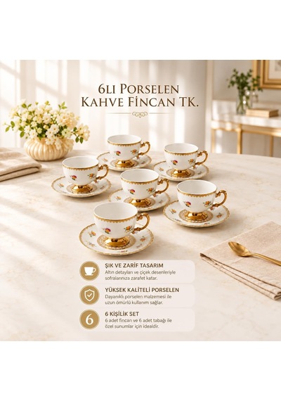 6 Kişilik 12 Parça Porselen Çiçek Desenli Altın Yaldızlı Türk Kahvesi Fincan Takımı Diğer