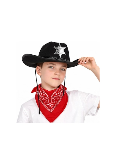 Çocuk Kovboy Şapka Rozetli Siyah Kırmızı Bandana Seti