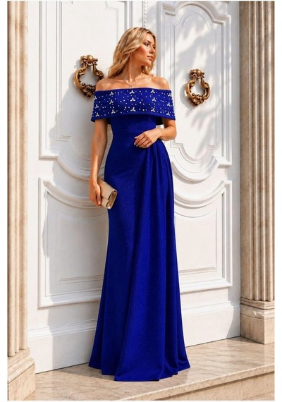 DefyModa Kadın Trend Degaje Yaka Dekolteli Maxi Uzun Kollu Abiye Elbise Saks