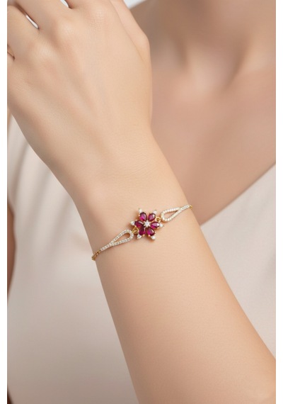 Çekirdekjewelry 925 Ayar Gümüş Zirkon Taşlı Çiçek Figürlü Zarif Altın Renk Kadın Bileklik Sarı Ruby