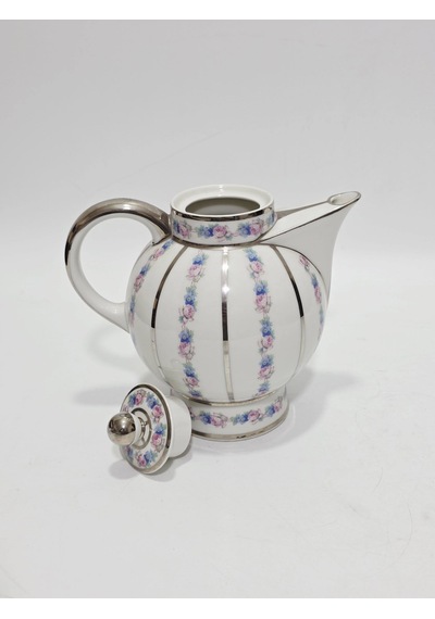 F. Legrand Limoges Çiçek Desenli Porselen Çay Kahve Demliği Çok Renkli