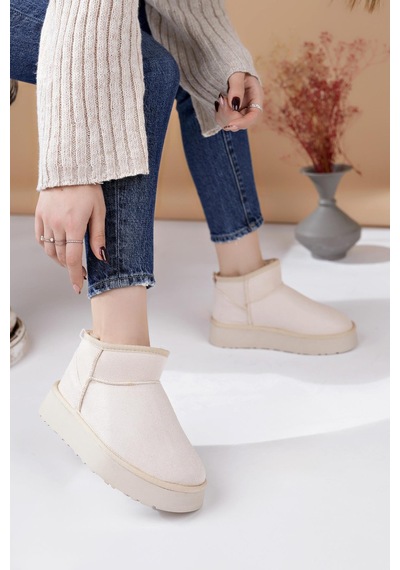 Nesilshoes Nesil Shoes Ypr 8391 Bej Süet İçi Kürklü Su İtici Kadın Bot Bej Nubuk