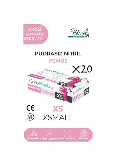 Nitril Pembe Pudrasız Muayene Eldiveni Xs - 1 Koli-20 Paket-2000'li