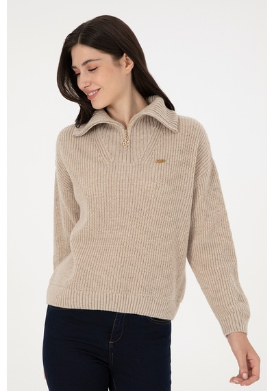 U.S. Polo Assn. Kadın Krem Melanj V Yaka Kazak 50297086-VR159
