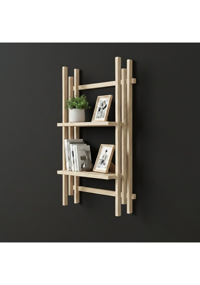 Köknar Masif Ahşap Duvar Rafı - 60x40 Cm Yapışkanlı Raf - Demonte Dekoratif Kitaplık Bej