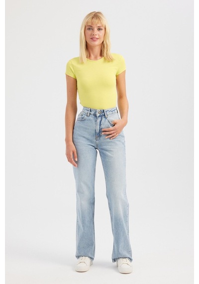 Hiccup Yuvarlak Yaka Çapraz Arka Kısa Kollu Crop Top Sarı