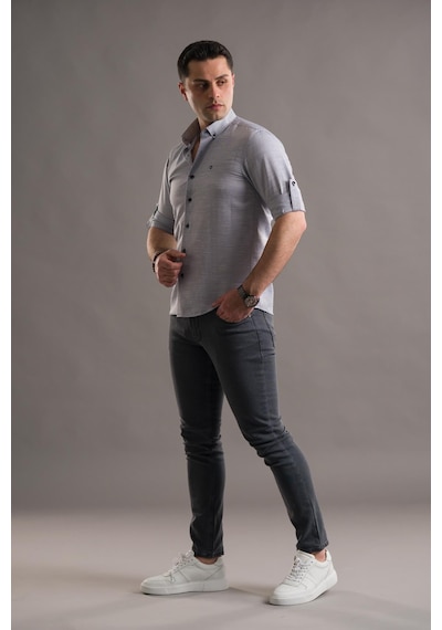 Slimfit Armürlü Yaka Düğmeli Katlamalı Uzun Kol Erkek Gömlek 001