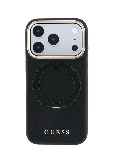 Apple iPhone Uyumlu 18 Pro Max Kılıf Guess Lisanslı M-safe Özellikli 360 Standlı Pu Metal Yazı Logolu Kapak Siyah
