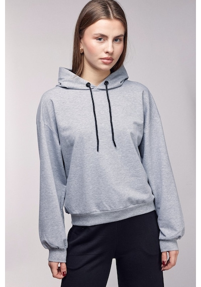 Sââde Kadın Oversize Kapüşonlu Basic Hoodie Sweatshirt Gri