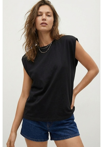 Elemge %100 Pamuk Süprem Tok Kumaş Kadın Oversize Siyah T-shirt Geniş Omuzlu Dökümlü Kolsuz Bol Kalıp