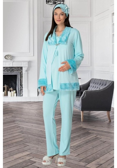 Mecit Pijama Mecit 5304 Turkuaz Peluş Detaylı Sabahlıklı Lohusa Pijama Takım