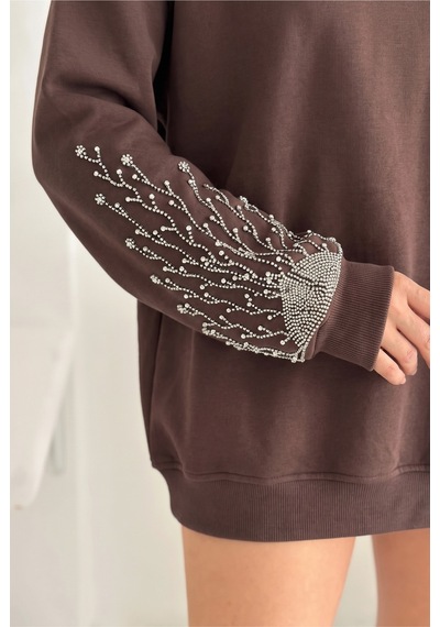 Femelle Kahverengi Kolları Boncuk Ve Taş İşlemeli %100 Pamuk Sweatshirt