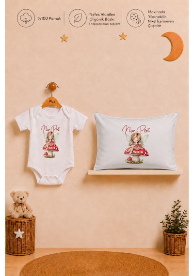 Pia Baby İsimli Kız Bebek Hediye Seti %100 Pamuk Organik Baskılı Body Yastık Kılıfı Ve Ham Bez Bebek Kıyafet Kesesi 1096byk9x Ekru