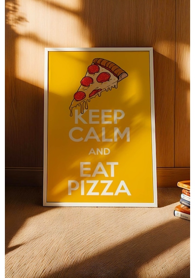 Retro Keep Calm And Eat Pizza Çerçeveli Tablo - Modern Mutfak Ve Yemek Odası Duvar Dekoru Beyaz