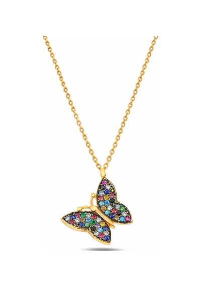 Çekirdekjewelry 925 Ayar Gümüş Kelebek Kolye Rose Kaplama Renkli Taşlı Zarif Tasarım Sarı