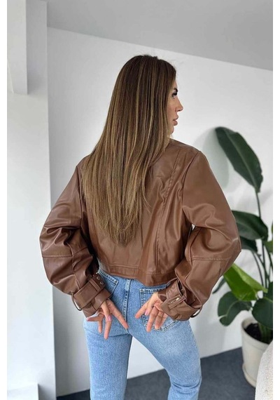 Laleli Butik Kadın Siyah Oversize Deri Ceket Taba Taba