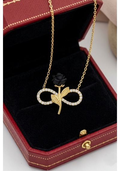 Çekirdekjewelry Siyah Gül Sonsuzluk Kolye 925 Ayar Gümüş Altın Kaplama Zarif Kadın Kolyesi Sarı